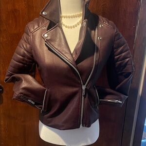 GAP Women's Deep Burgundy Leather Moto Jacket with Silver Hardware
